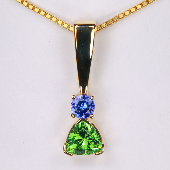 trilliant tourmaline and tanzanite gemstone pendant yellow gold
