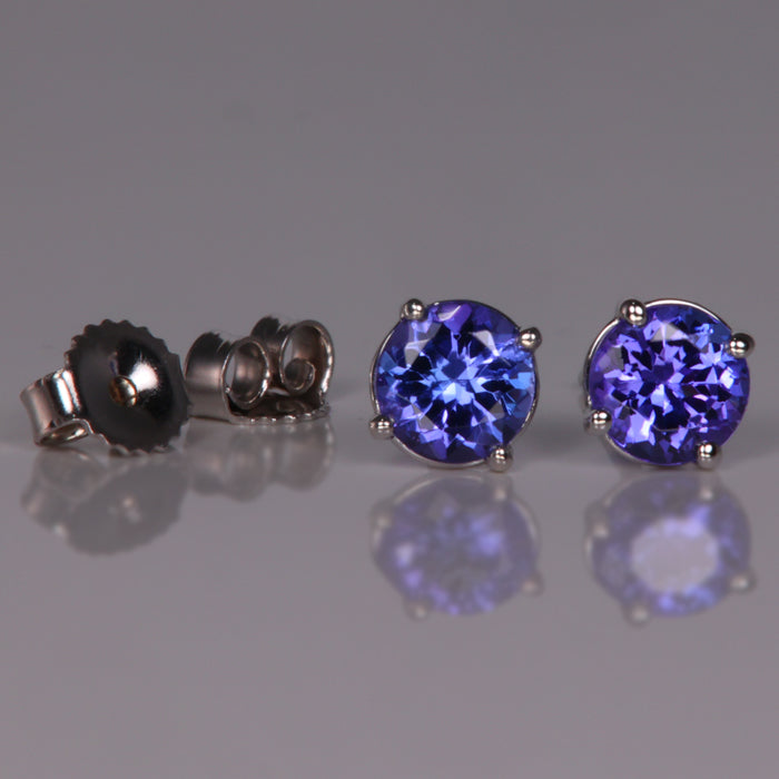 round brilliant cut tanzanite gemstone earrings in white gold