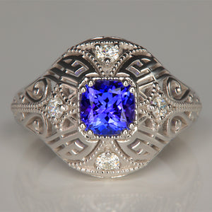 vintage inspired tanzanite and diamond ring white gold