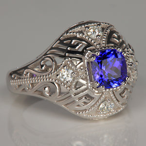 white gold vintage style tanzanite ring with diamonds 