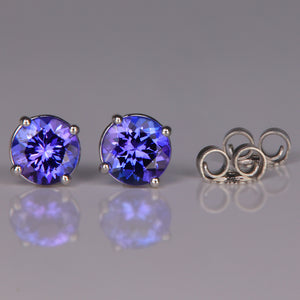 round brilliant cut tanzanite gemstone earrings in white gold