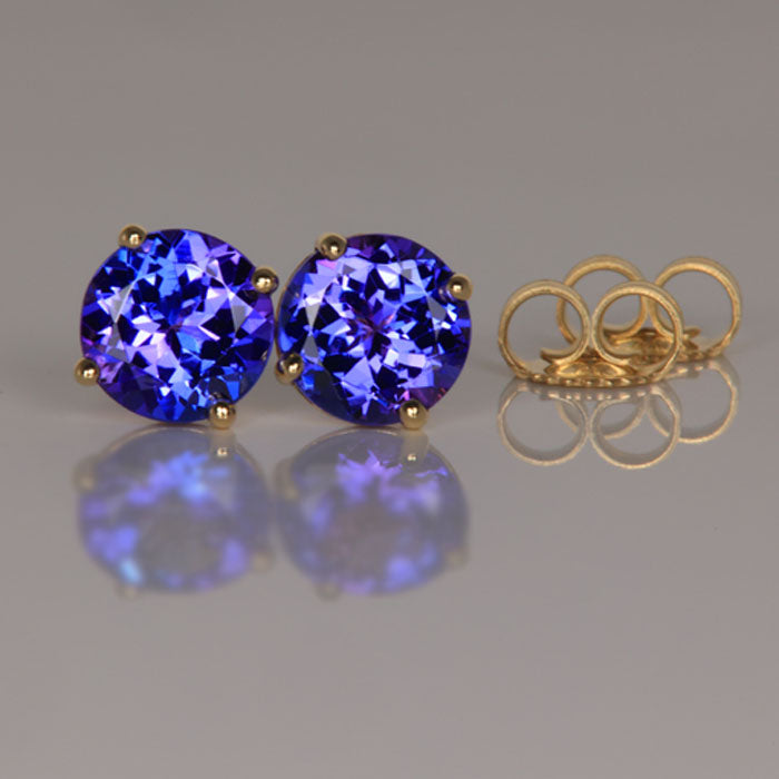 14K Yellow Gold Round Tanzanite Stud Earrings 1.80 Carats