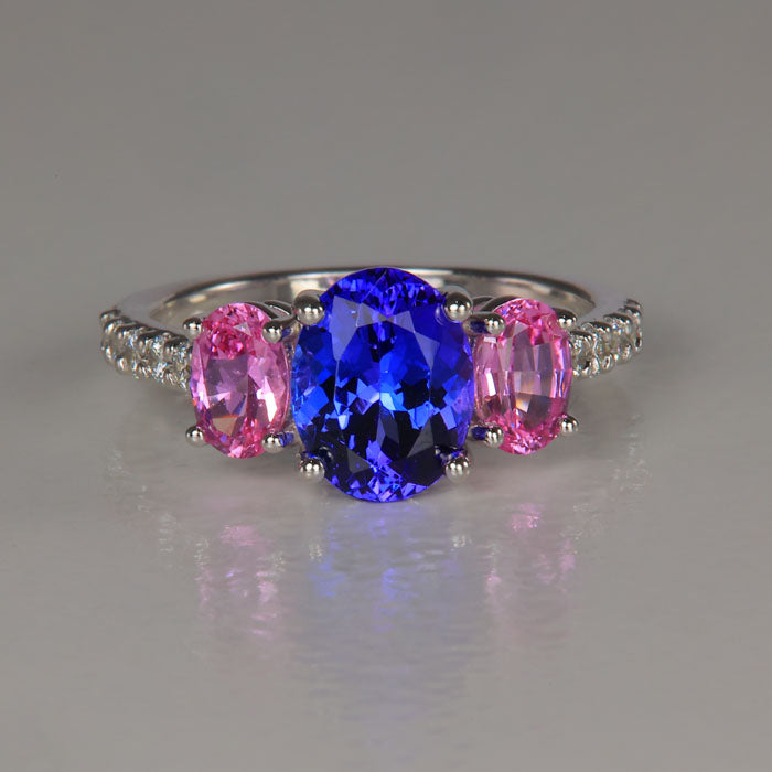 tanzanite rare gemstone ring with pink sapphires and diamonds