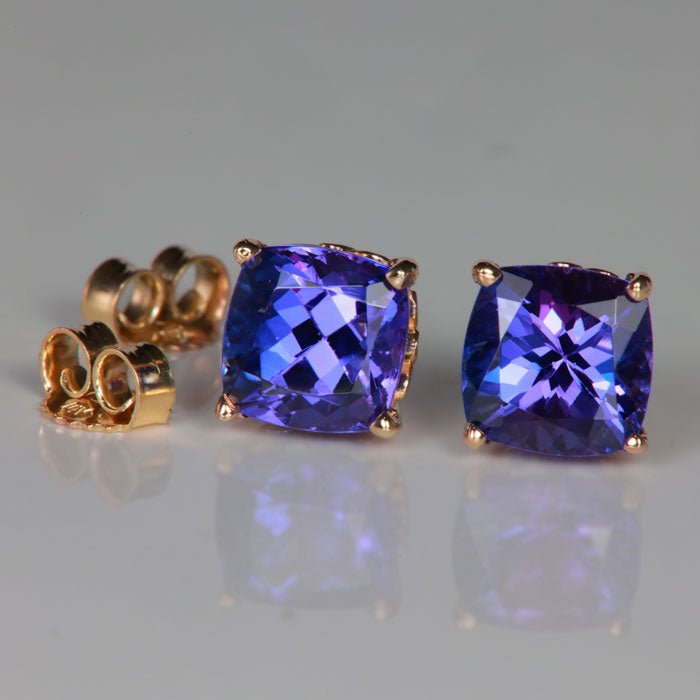 yellow gold square cushion cut tanzanite studs