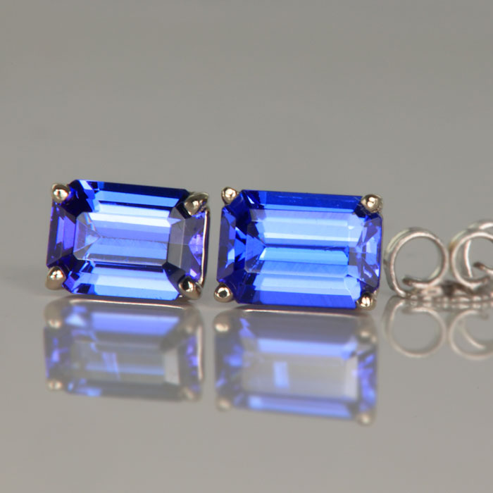 Emerald Cut Tanzanite Earring Studs in White Gold Gemstones