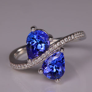 tanzanite and diamond ring in white gold with two tanzanites