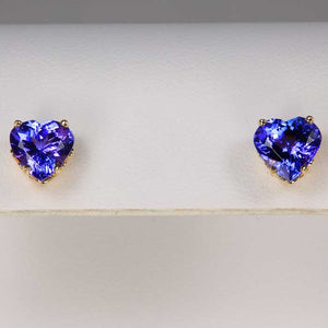 blue violet tanzanite heart stud earrings yellow gold