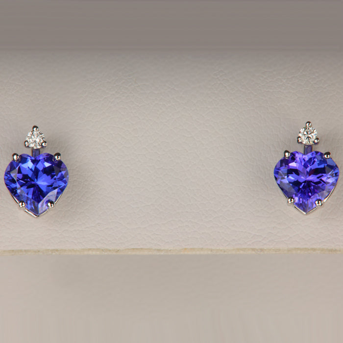 tanzanite gemstone heart shape earrings with diamonds 