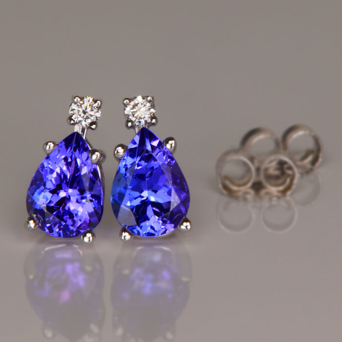 Pear Shape Tanzanite and Diamond Earrings in 14k White Gold Blue Purple