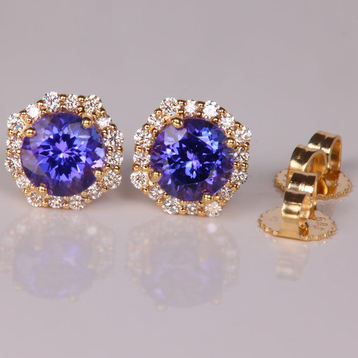 yellow gold blue violet tanzanite gemstone earrings with diamonds 