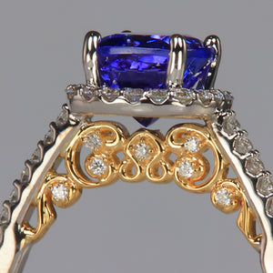 yellow and white gold diamond accented square cushion cut tanzanite gemstone ring