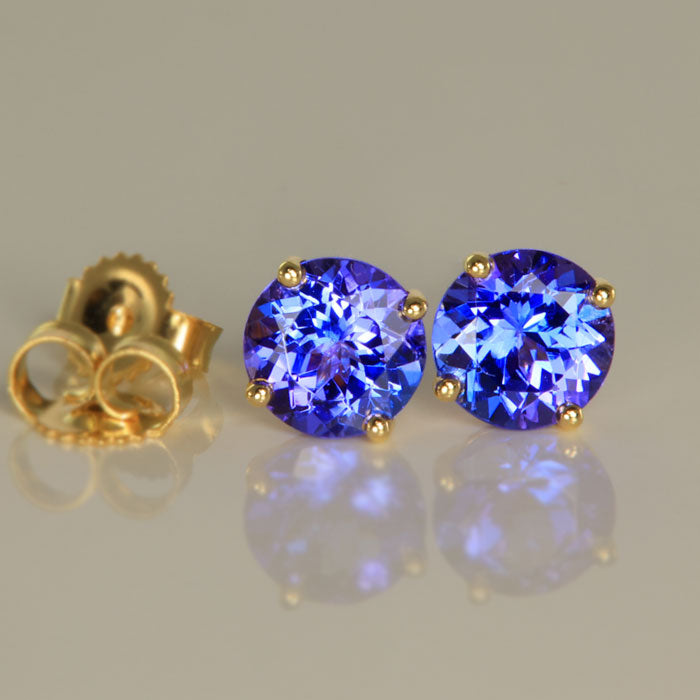 Yellow Gold 6mm Tanzanite Earrings 2 carats blue purple color