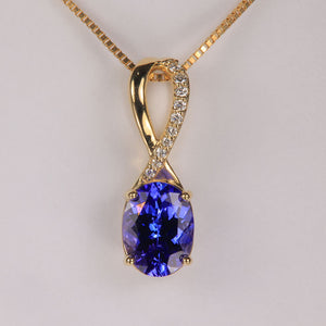 14K Yellow Gold Oval Tanzanite and Diamond Pendant 1.64 Carats