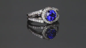 14k White Gold Round Brilliant Tanzanite with Diamond Halo and Shank 3.35 Carats