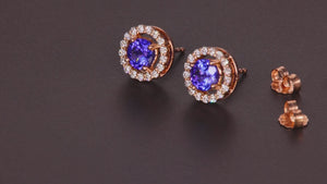 14K Rose Gold Tanzanite and Diamond Halo Earrings 1.78 Carats