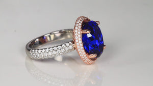 Large Platinum and 14k Rose Gold Oval Tanzanite Halo Ring 7.50 Carats