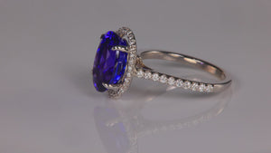 18K White Gold Oval Tanzanite and Diamond Accented Ring 5.39 Carats