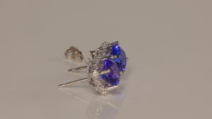 14K White Gold Diamond Halo Tanzanite Stud Earrings 3.61 Carats