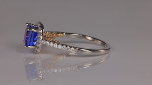 14K White and Yellow Gold Square Cushion Tanzanite and Diamond Ring 2.19 Carats