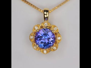 14K Yellow Gold Round Brilliant Tanzanite Pendant With Diamonds 1.17 Carats