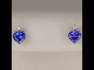 14K White Gold Heart Shape Brilliant Tanzanite and Diamond Stud Earrings 2.55 Carats