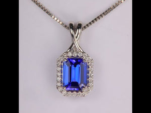 14K White Gold Emerald Cut Tanzanite and Diamond Pendant 1.68 Carats