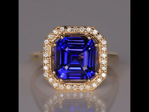 14K Yellow Gold 5.54 Carat Square Step Tanzanite and Diamond Ring