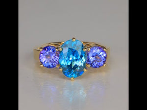 14K Yellow Gold Blue Zircon and Tanzanite Ring 4.77 Carats