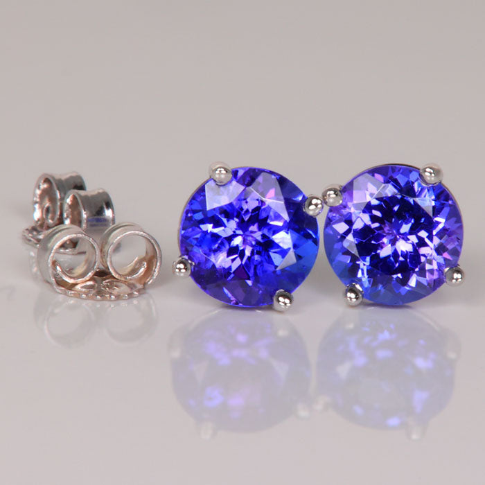 14K White Gold Round Brilliant Tanzanite Stud Earrings 2.18 Carats