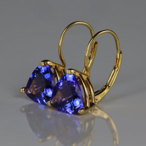 tanzanite dangle earrings hinged backs in yellow gold