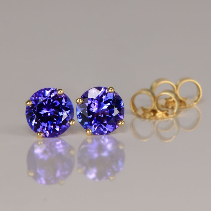 14K Yellow Gold Round Tanzanite Stud Earrings 1.61cts