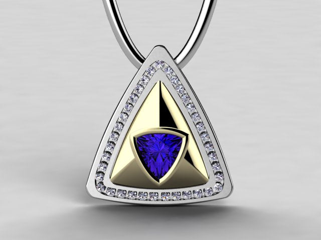 Two Tone Pendant by Christopher Michael With Bezeled Vivid Color Trilliant Tanzanite