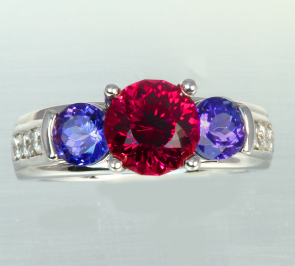 Tanzanite and Rhodolite Garnet Ring With Ideal Cut Diamonds