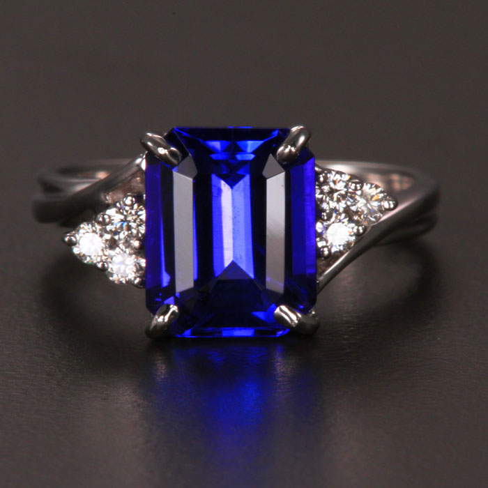 14k White Gold Emerald Cut Tanzanite and Diamond Ring 3.48 Carats