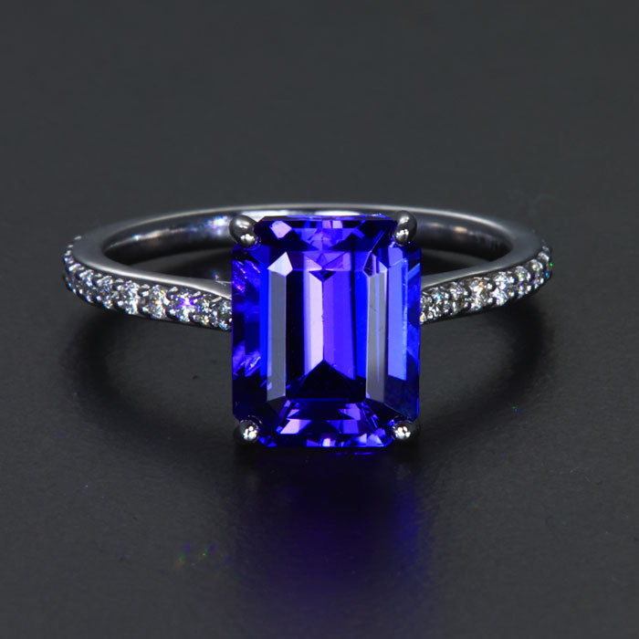 14k White Gold Emerald Cut Tanzanite with Diamond on the Shank