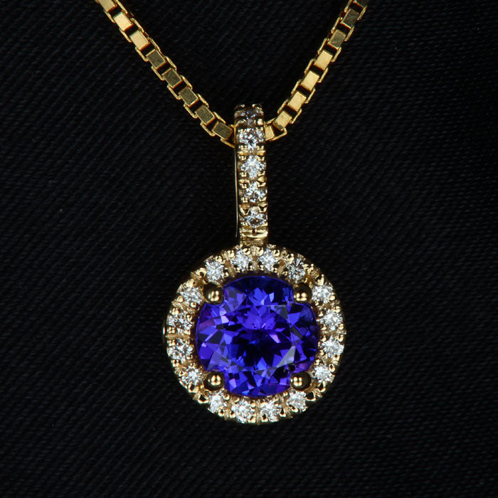 14K Yellow Gold Round Tanzanite Diamond Halo Pendant 1.02 Carats