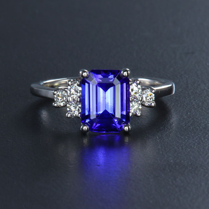 White Gold Emerald Cut Tanzanite and Diamond Accent Ring