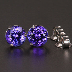 14k White Gold Round Tanzanite Stud Earrings 1.53 Carats