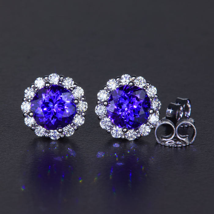 14K White Gold Round Tanzanite and Diamond Halo Earrings 1.94 Carats