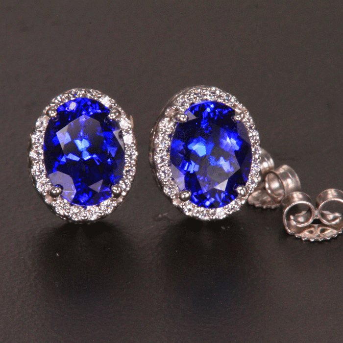 14K White Gold Tanzanite and Diamond Halo Earrings 3.65 Carats