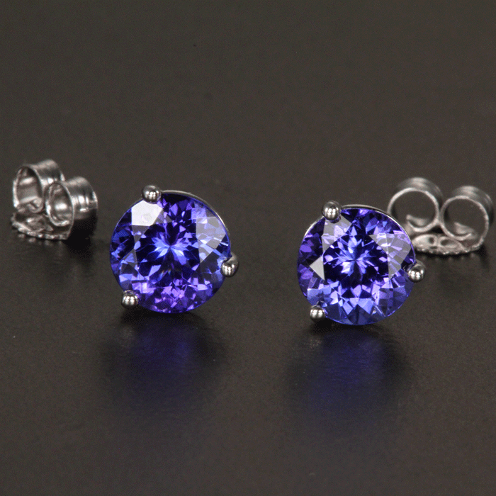 14K White Gold Round Tanzanite Stud Earrings 2.06 Carats