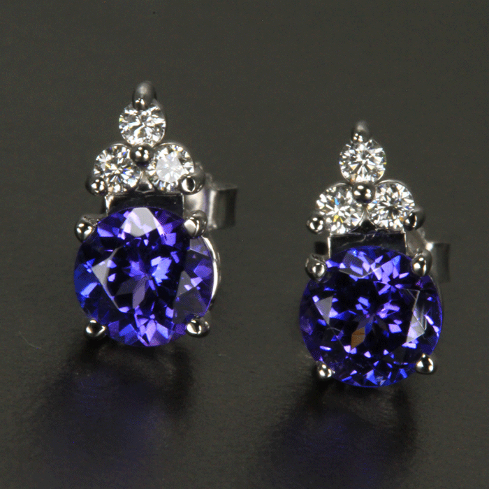 14k White Gold Round Tanzanite and Diamond Earrings 1.75 Carats