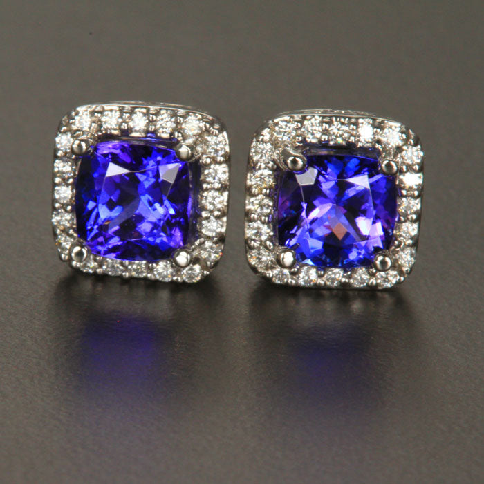 14K White Gold Square Cushion Tanzanite and Diamond Halo Earrings 3.03 Carats