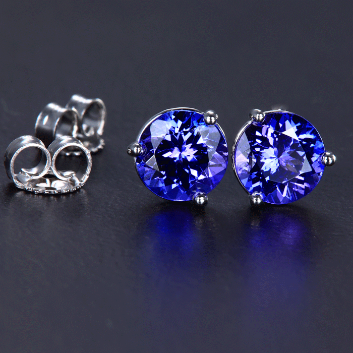 14K White Gold Round Tanzanite Stud Earrings 1.74 Carats