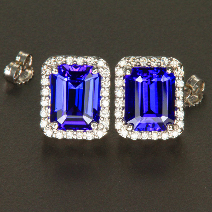 14K White Gold Earmald Cut Tanzanite and Diamond Halo Earrings 6.51