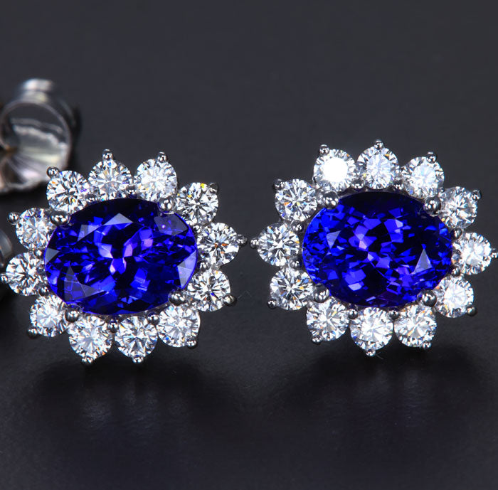 14k White Gold Oval Tanzanite and Diamond Halo Earrings 4.18 Carats