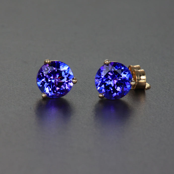 14K Yellow Gold Round Tanzanite Stud Earrings 1.65 Carats