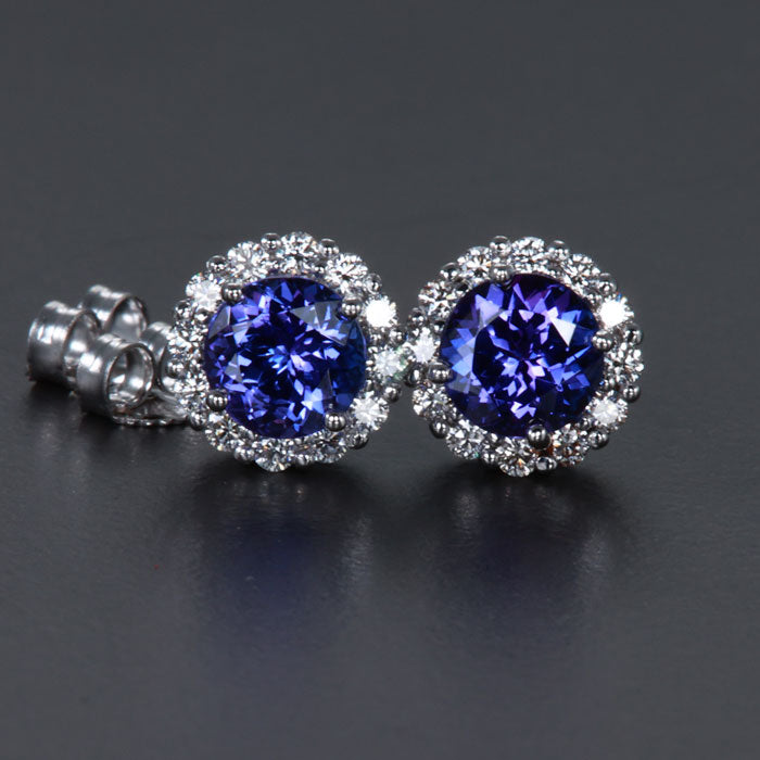 White Gold Round Tanzanite Diamond Halo Stud Earrings