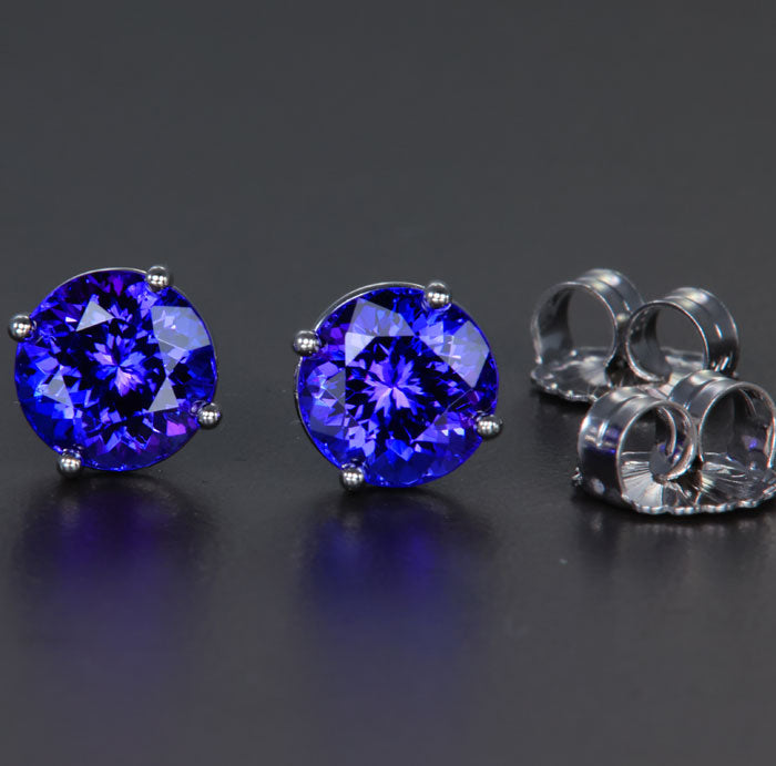 14K White Gold Round Tanzanite Stud Earrings 4.48 Carats