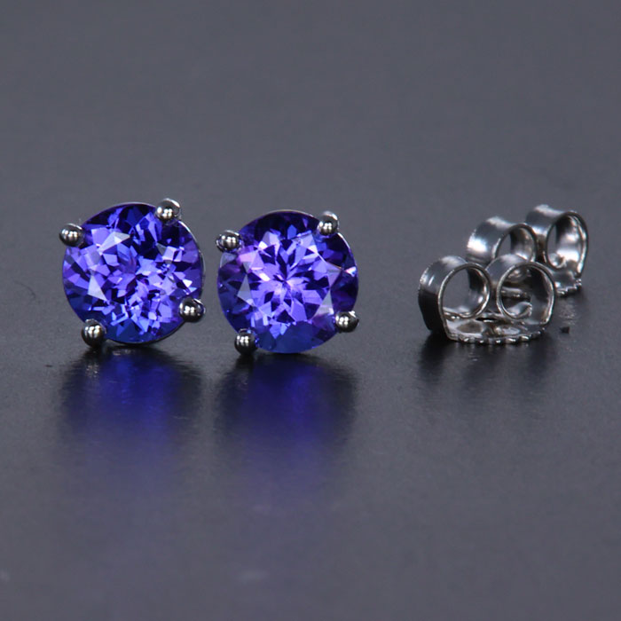 14K White Round Tanzanite Stud Earrings 1.50 Carats